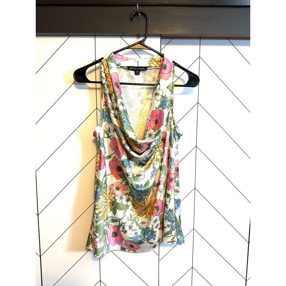 Boston Proper Women’s Small Floral Satin Sleeveless Draped Blouse Work Office